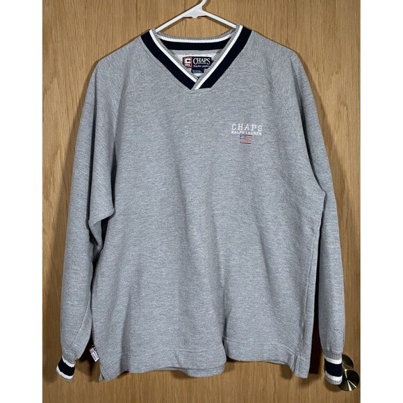 Vtg 90's Chaps Ralph Lauren Waffle Knit Sweater Gray Logo American Flag Men's Lg - Picture 1 of 7